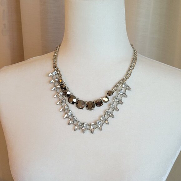 Double Strand Bib Necklace with Rhinestone Teardrops and Bronze Gem Stones - Picture 4 of 7